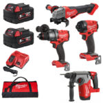 Milwaukee 18v 4 Piece Kit Combi Drill, Impact Driver, Hammer Drill & Angle Grinder - 2 x 5.0ah Batteries, Charger & Bag