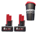 Milwaukee M12B6 12V 6.0ah Red Lithium-Ion Batteries (Twin Pack) with Powertoolmate Travel Mug