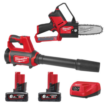 Milwaukee M12FHS 12V Fuel Hatchet Pruning Saw & M12BBL-0 12v Cordless Blower Kit - 2 x 6.0ah Batteries & Charger