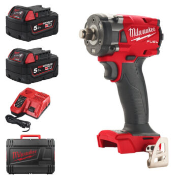 Milwaukee M18FIW2F12-502X 18V Fuel 1/2" Compact Impact Wrench with Friction Ring Kit (2 x 5.0Ah RedLithium-Ion Batteries, Charger & Case)