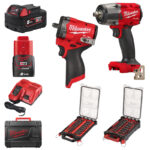 Milwaukee M18FMTIW2F12 & M12FCIWF38G3 Impact Wrenches With 1/2″ & 3/8″ Impact Socket Sets & 5.0ah & 2.0ah Batteries