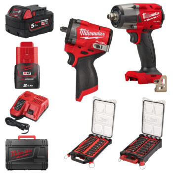 Milwaukee M18FMTIW2F12 & M12FCIWF38G3 Impact Wrenches With 1/2" & 3/8" Impact Socket Sets & 5.0ah & 2.0ah Batteries