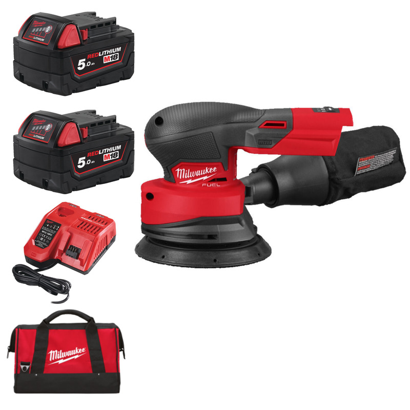 Milwaukee M18FROS125-502B 8v Fuel 125mm Random Orbital Sander Kit - 2 x 5.0ah Batteries, Charger & Bag Milwaukee M18FROS125-502B 8v Fuel 125mm Random Orbital Sander Kit - 2 x 5.0ah Batteries, Charger & Bag