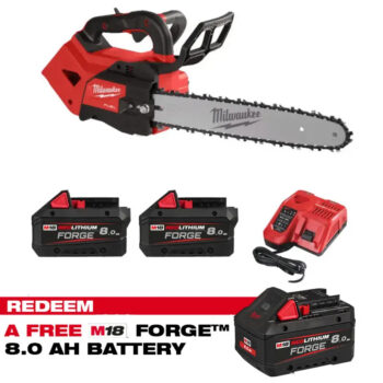 Milwaukee M18FTHCHS35-802 18v Fuel 35cm Top Handle Chainsaw Kit - 2 x 8.0ah Batteries & Charger (CLAIM FREE 8.0AH FORGE BATTERY VIA MILWAUKEE REDEMPTION)