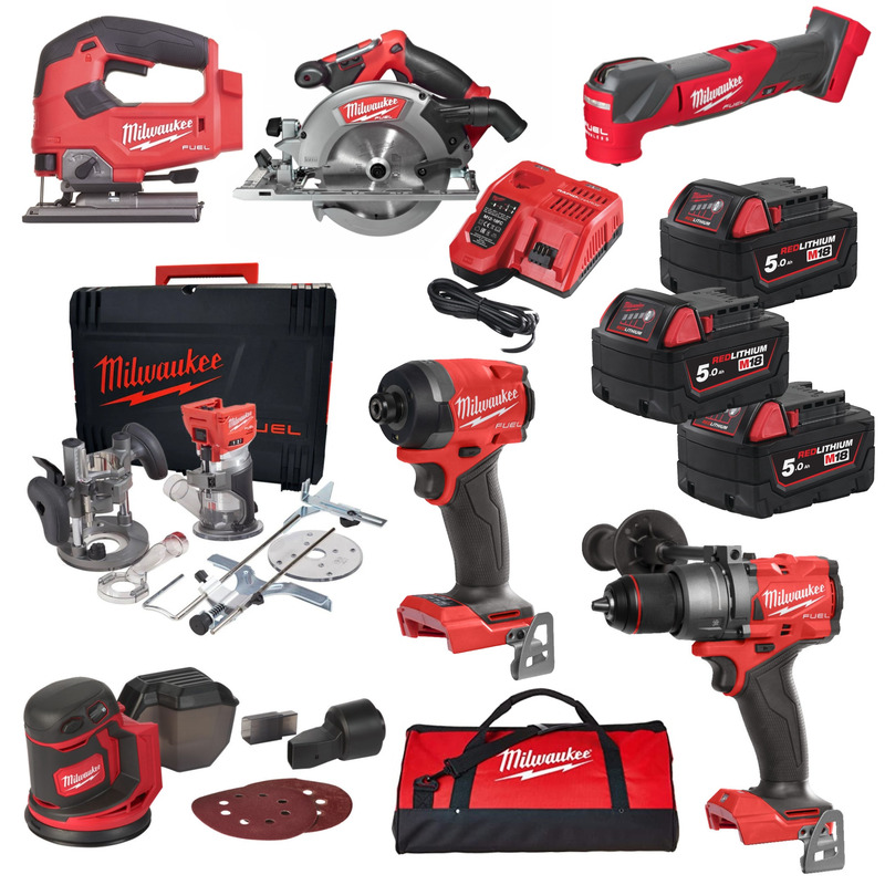 Milwaukee x PTM Ultimate 7 Piece Bespoke Carpenters Powertool Kit - 3 x M18B5 5.0Ah Batteries Milwaukee x PTM Ultimate 7 Piece Bespoke Carpenters Powertool Kit - 3 x M18B5 5.0Ah Batteries